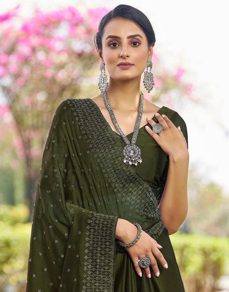 Olive Green Georgette Plain Saree