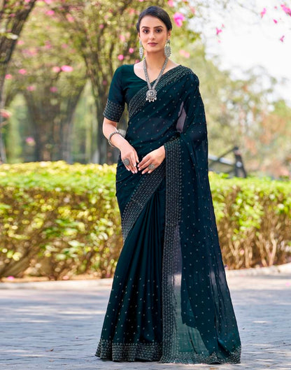 Dark Teal Blue Georgette Plain Saree