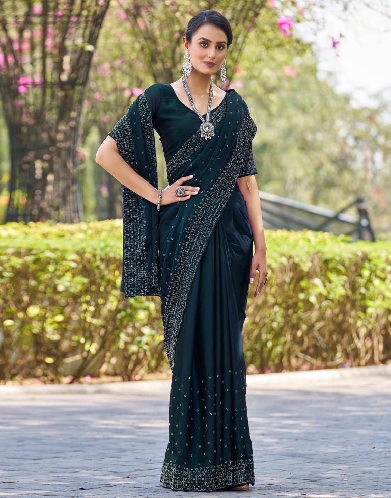 Dark Teal Blue Georgette Plain Saree