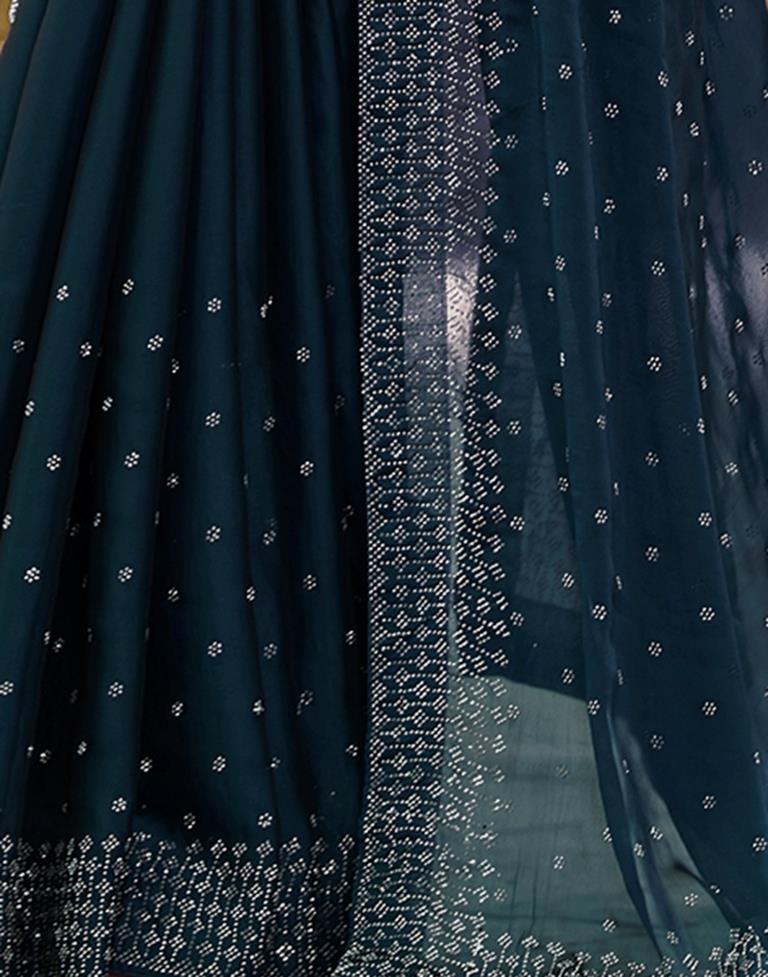 Dark Teal Blue Georgette Plain Saree