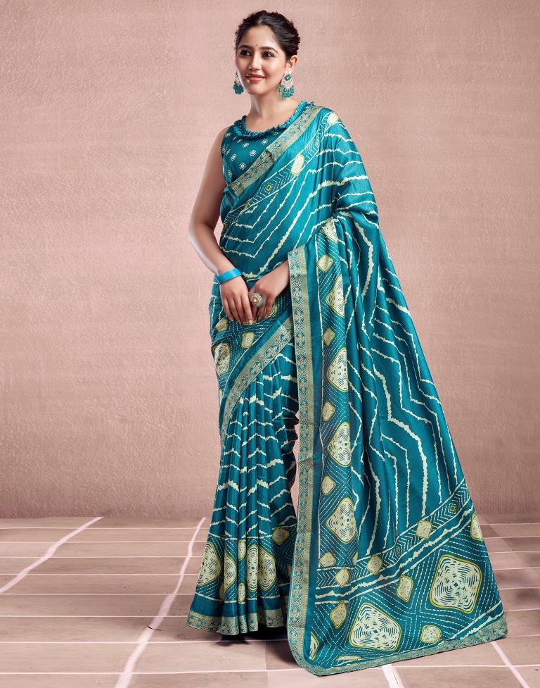Teal Blue Silk Printed Saree