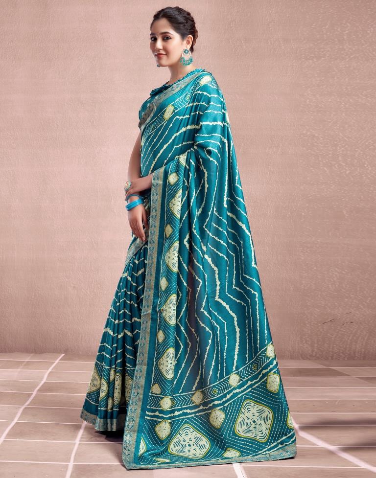 Teal Blue Silk Printed Saree