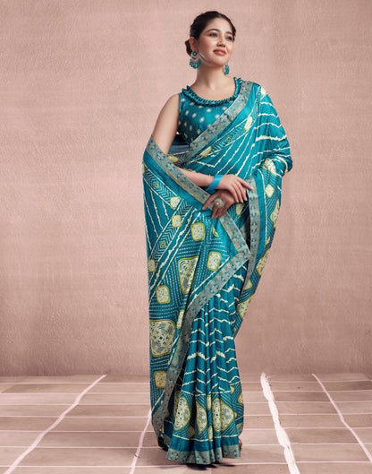 Teal Blue Silk Printed Saree