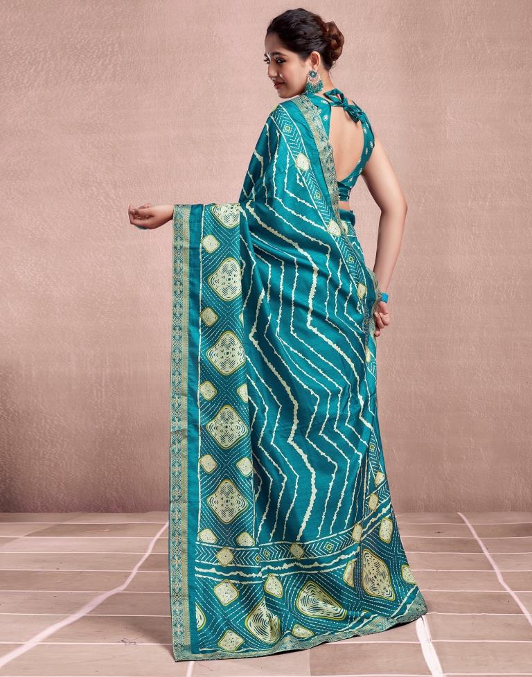 Teal Blue Silk Printed Saree
