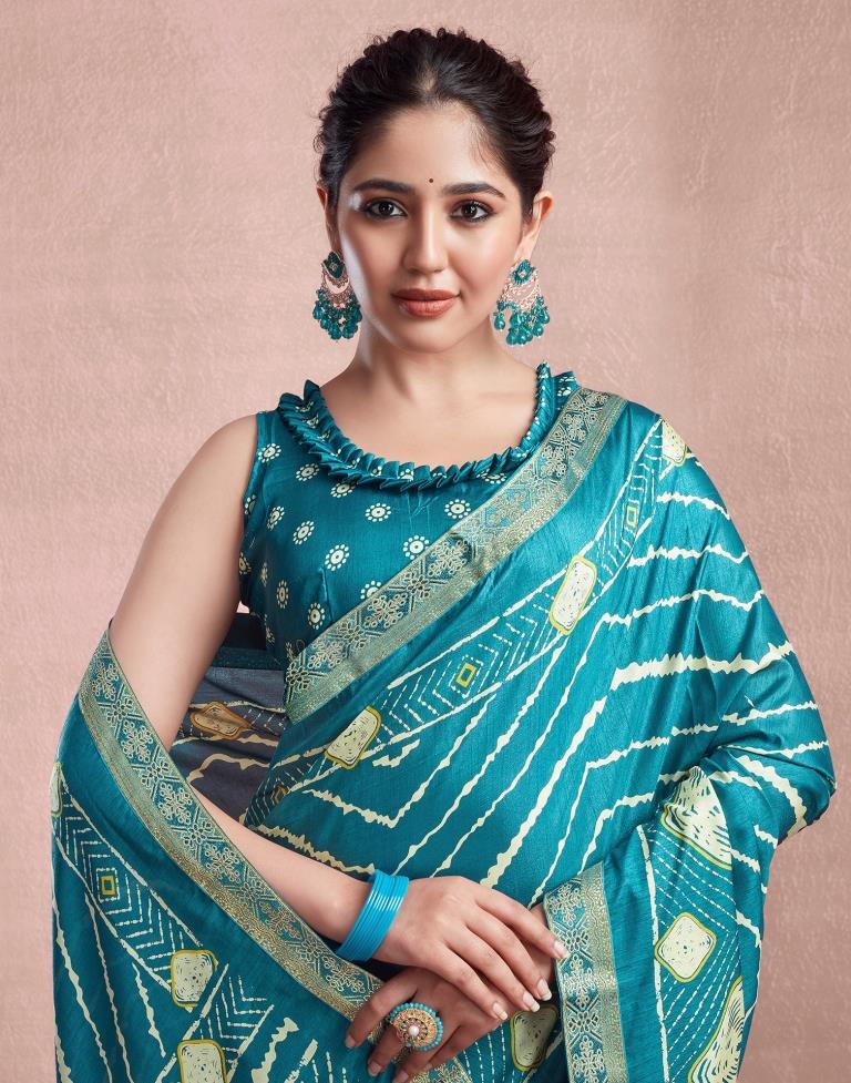 Teal Blue Silk Printed Saree