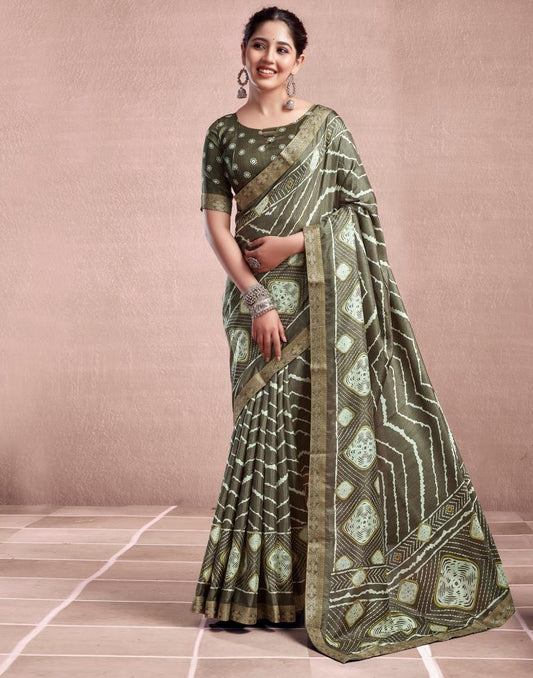 Deep Khaki Silk Printed Saree