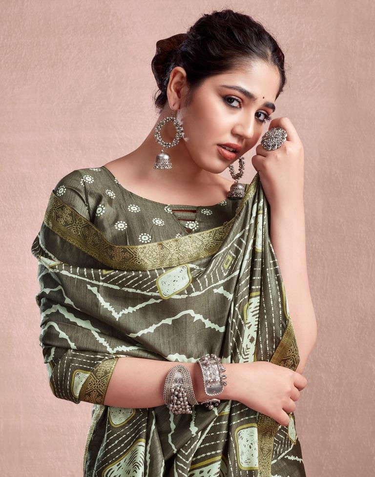 Deep Khaki Silk Printed Saree