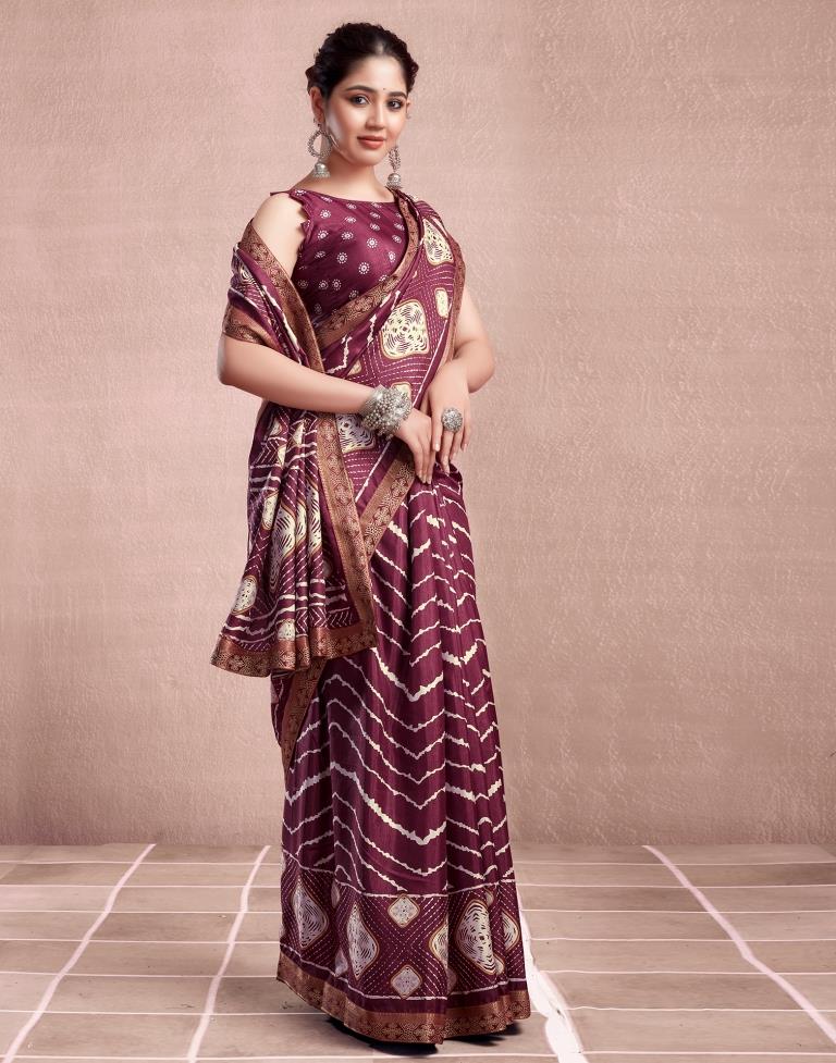 Dusty Maroon Silk Printed Saree