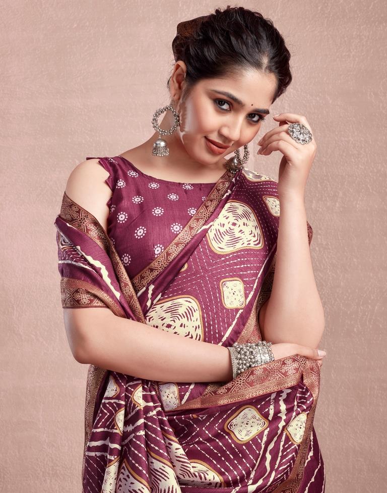 Dusty Maroon Silk Printed Saree