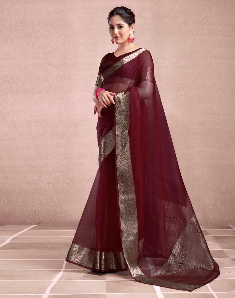 Maroon Organza Plain Saree