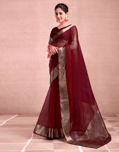 Maroon Organza Plain Saree