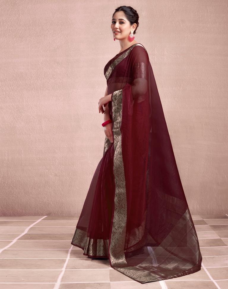 Maroon Organza Plain Saree