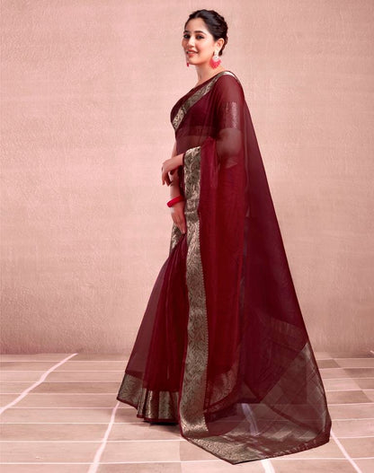 Maroon Organza Plain Saree