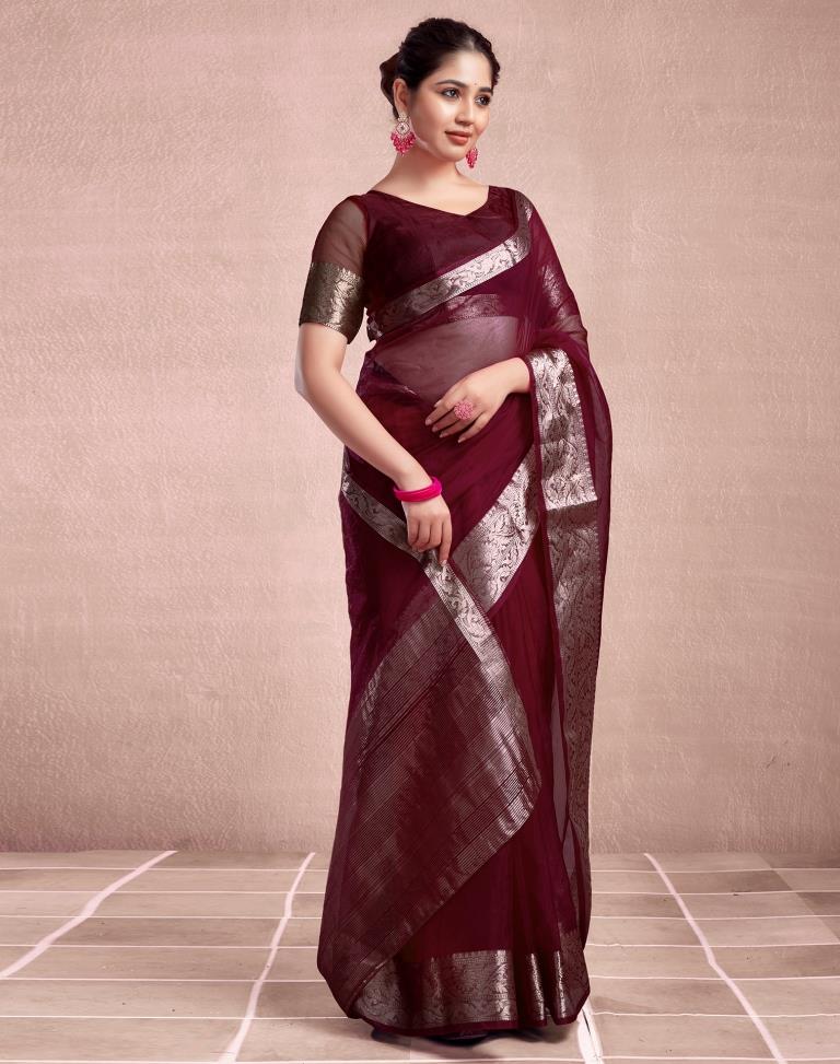 Maroon Organza Plain Saree