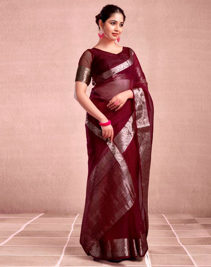 Maroon Organza Plain Saree