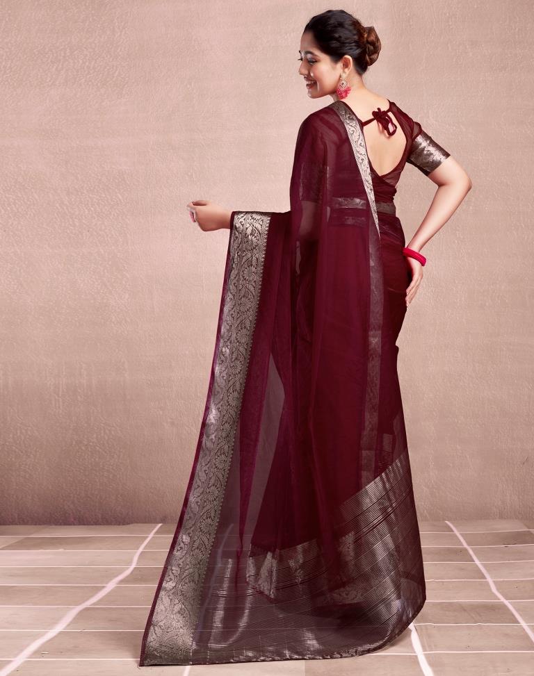 Maroon Organza Plain Saree