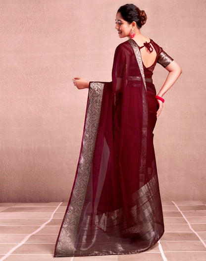 Maroon Organza Plain Saree