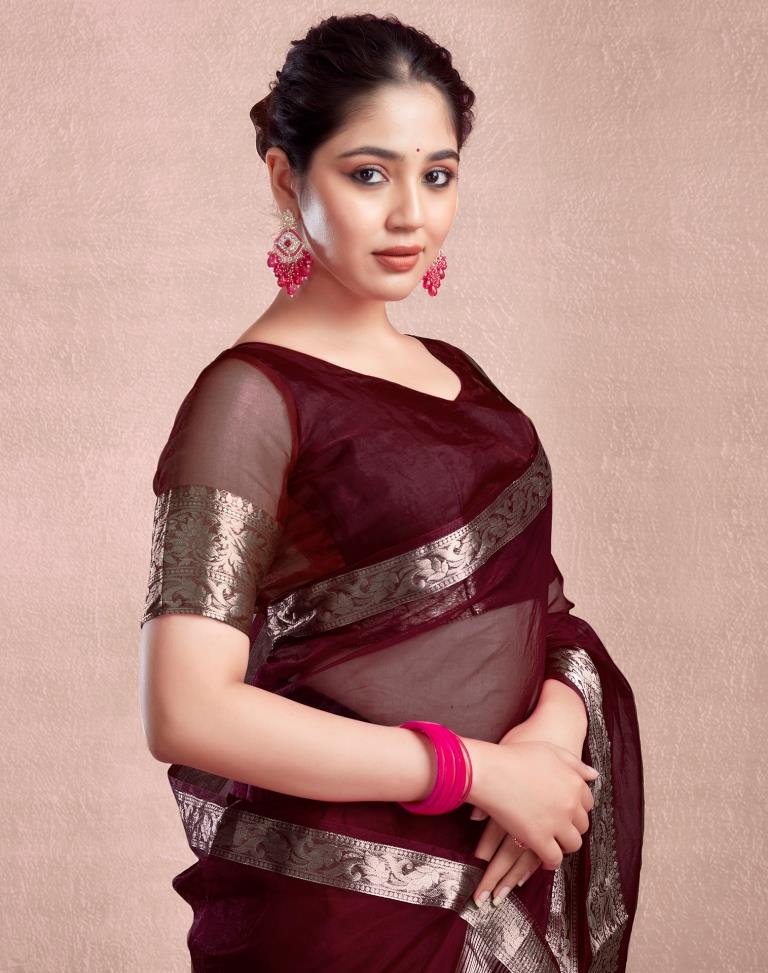 Maroon Organza Plain Saree