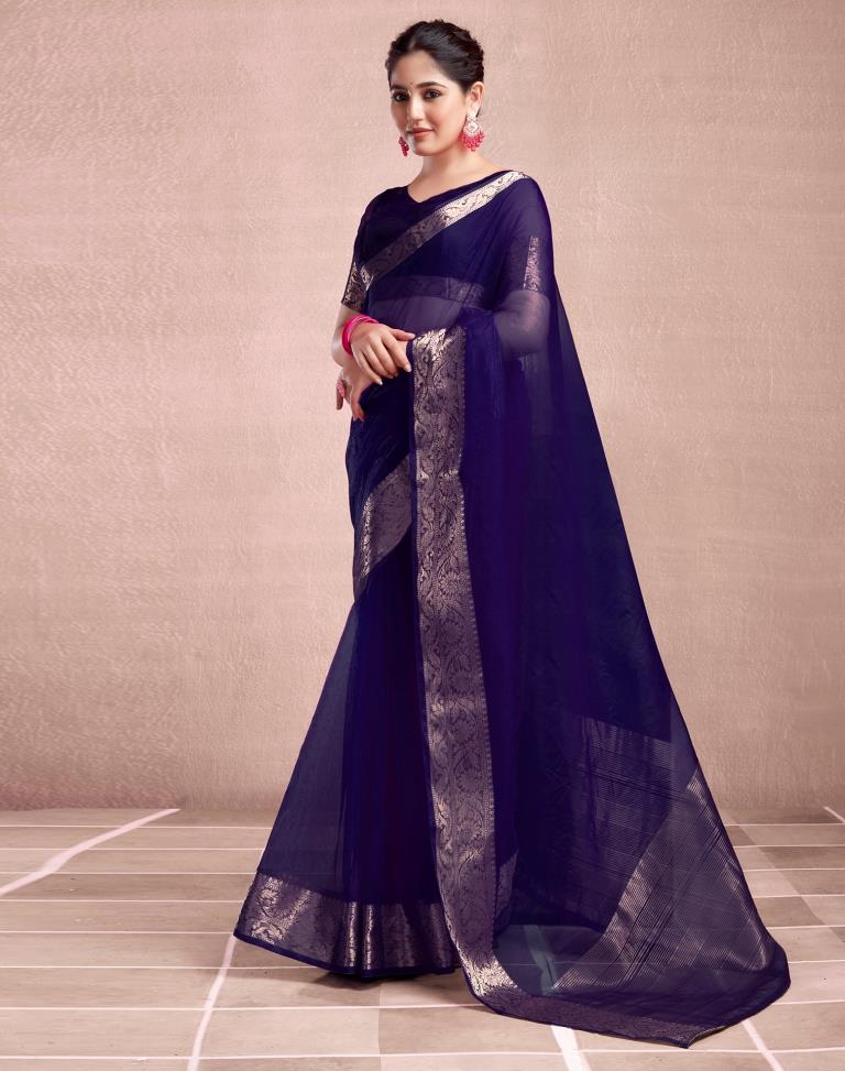 Navy Blue Organza Plain Saree