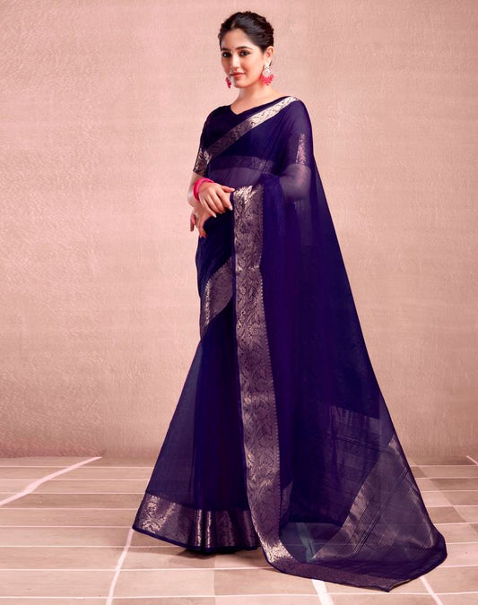Navy Blue Organza Plain Saree