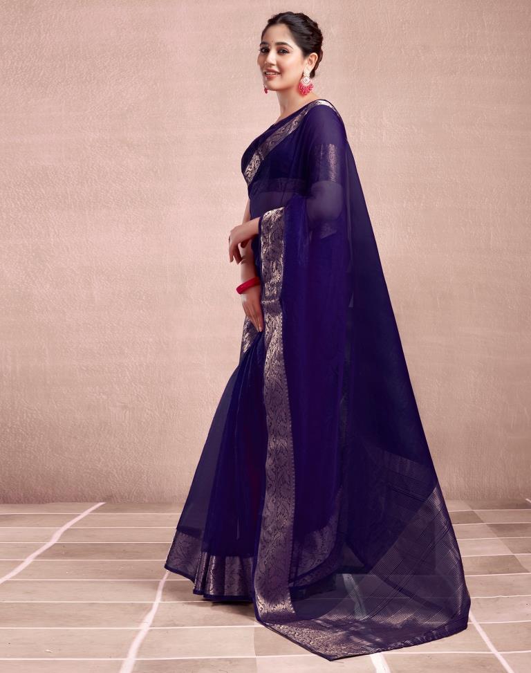 Navy Blue Organza Plain Saree