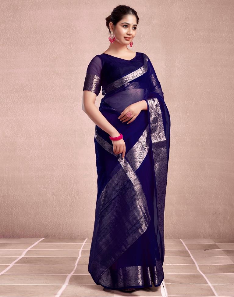 Navy Blue Organza Plain Saree