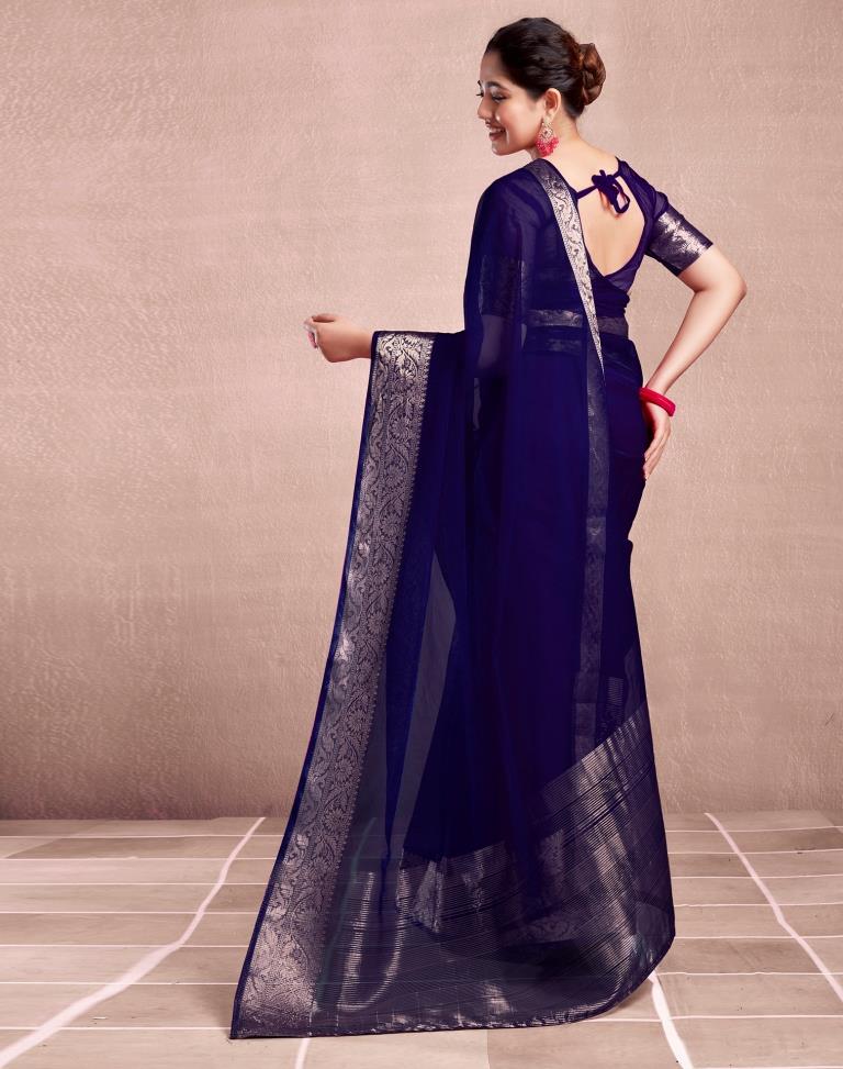 Navy Blue Organza Plain Saree
