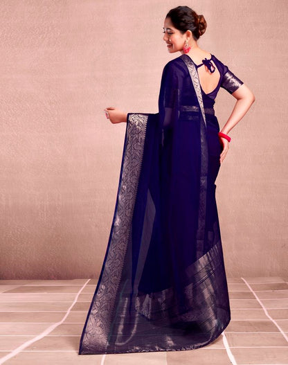 Navy Blue Organza Plain Saree