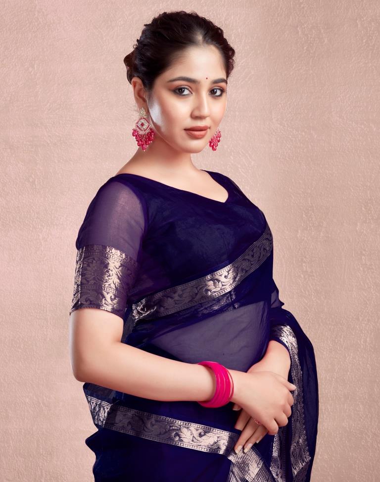 Navy Blue Organza Plain Saree