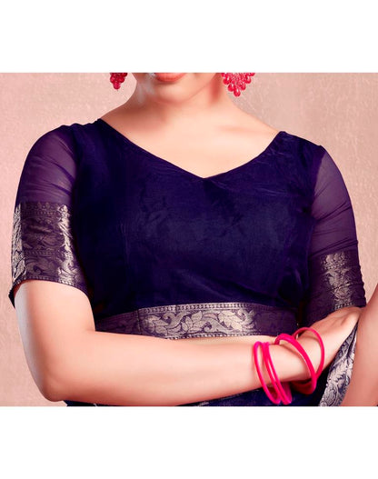 Navy Blue Organza Plain Saree