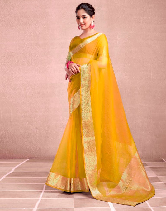 Yellow Organza Plain Saree