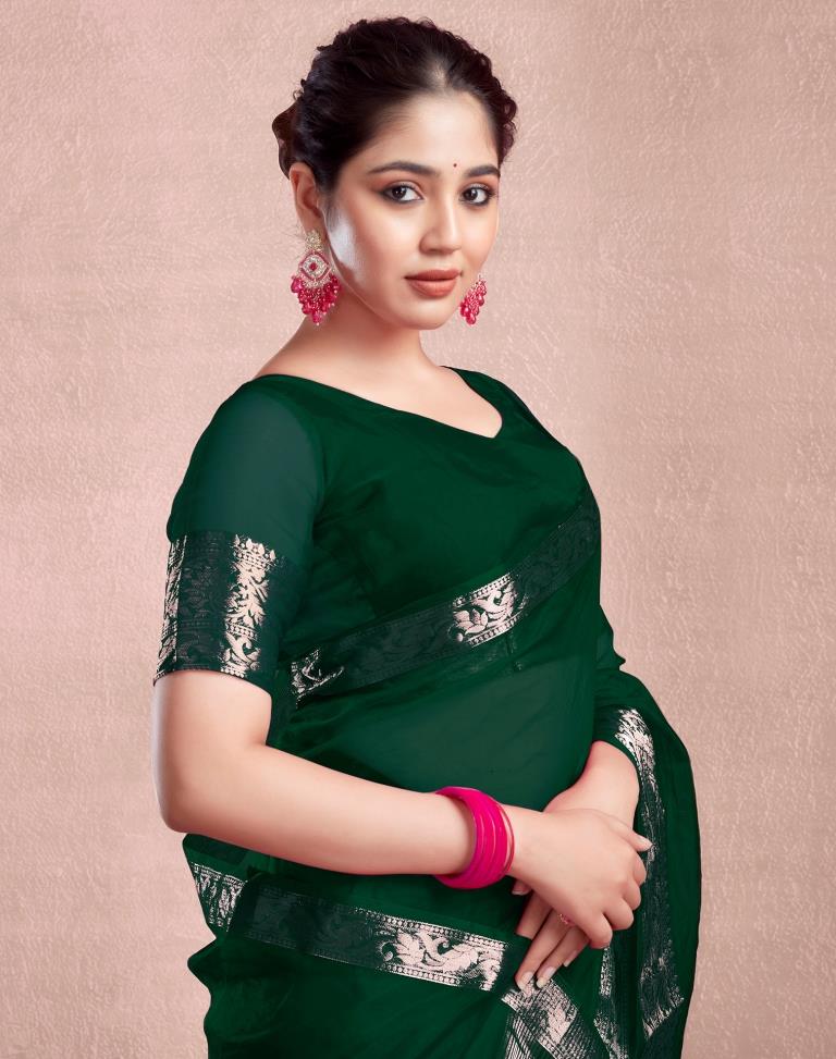 Dark Green Organza Plain Saree