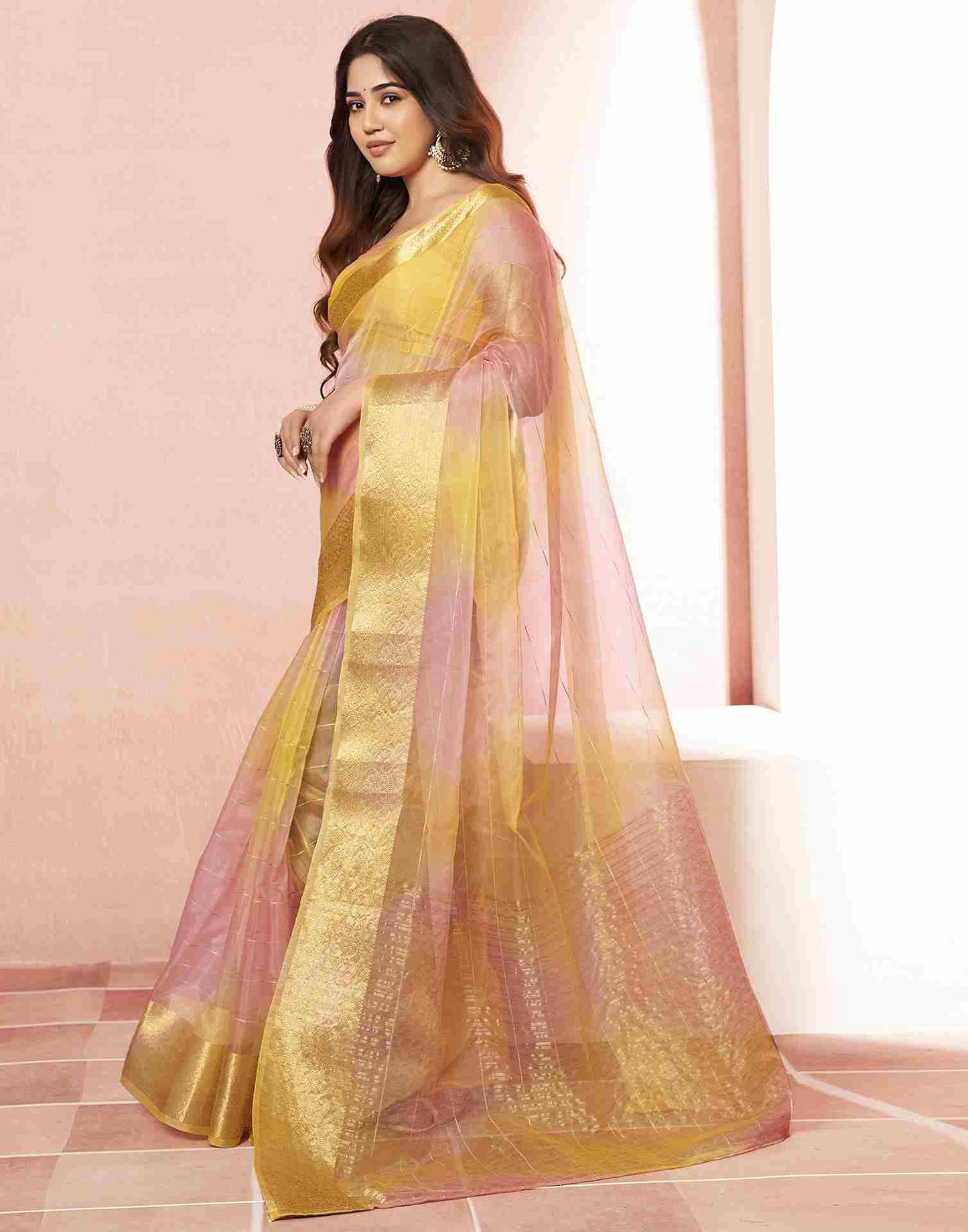 Yellow Organza Printed Woven Saree