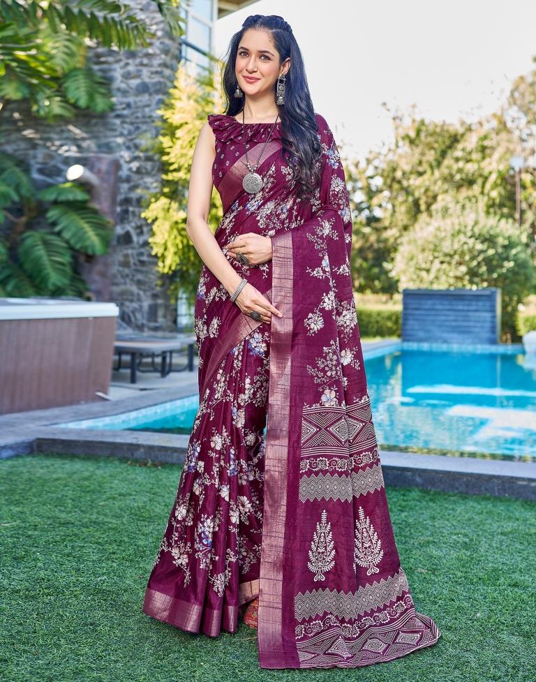 Wine Silk Printed Saree