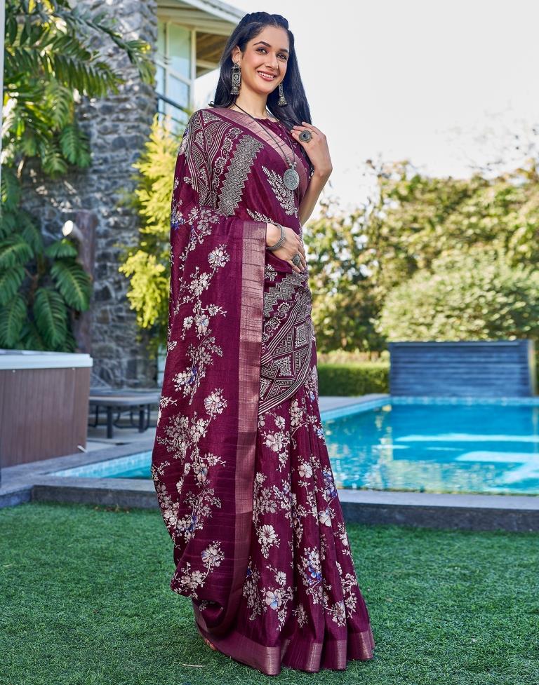 Wine Silk Printed Saree