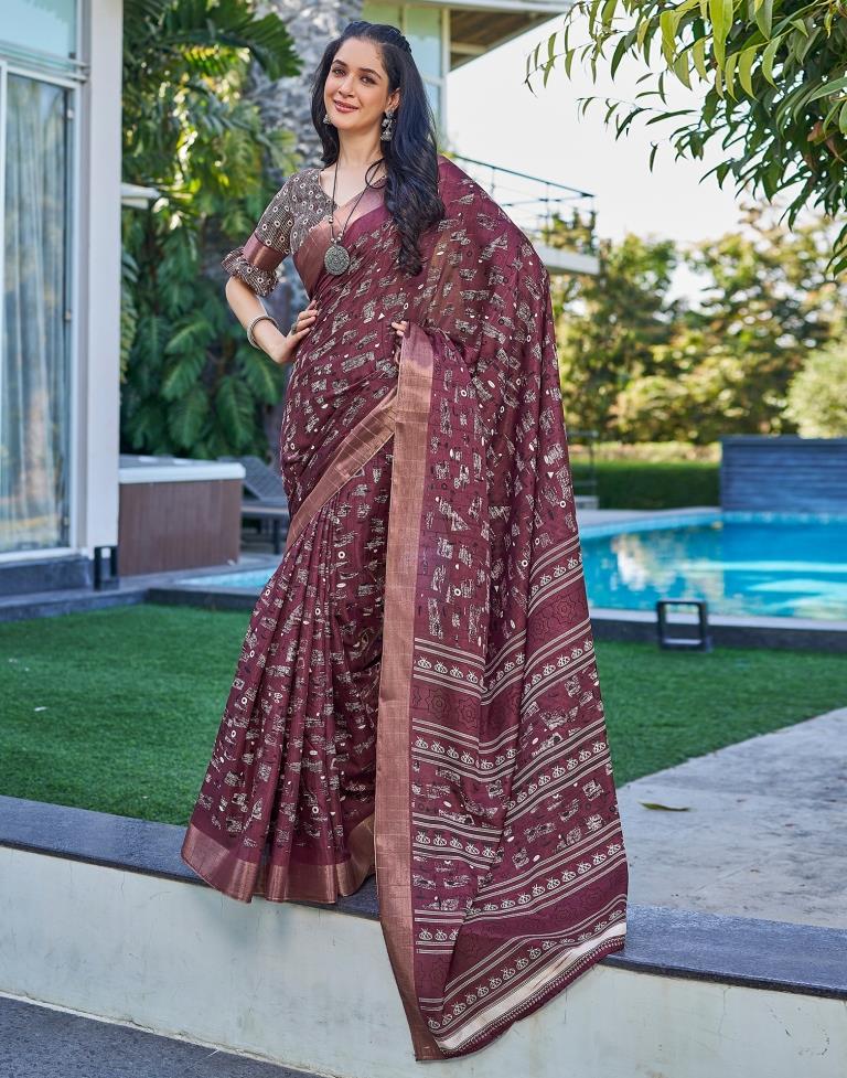 Wine Silk Printed Saree