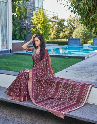 Wine Silk Printed Saree