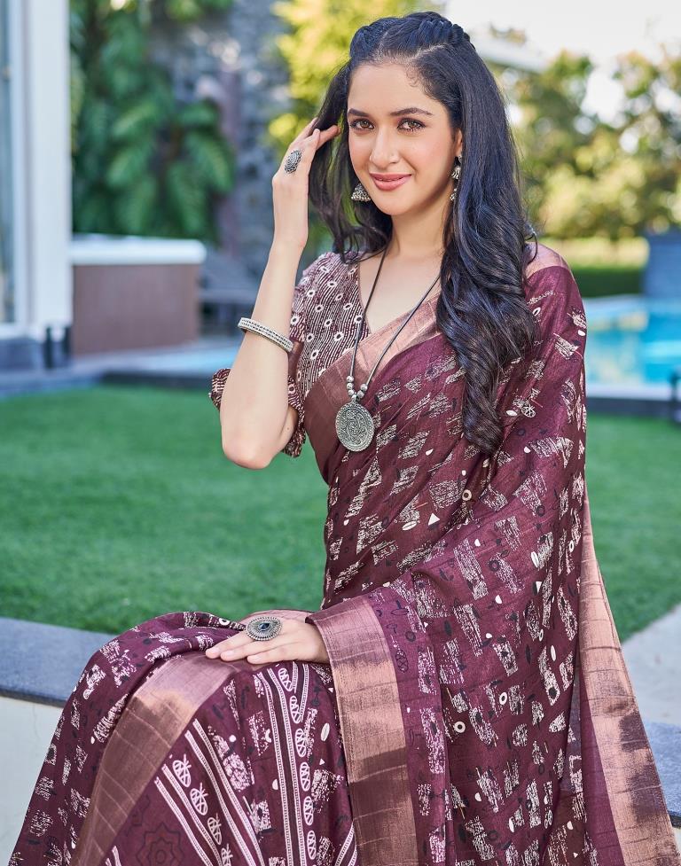 Wine Silk Printed Saree