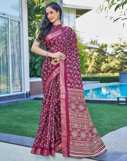 Wine Silk Printed Saree