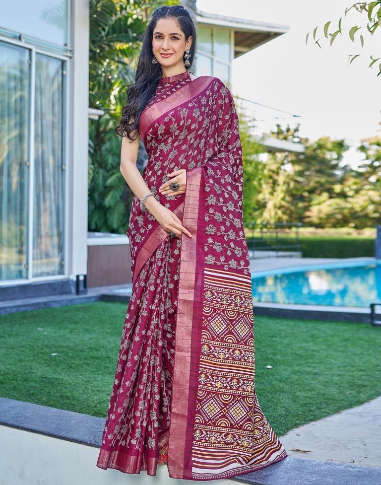 Wine Silk Printed Saree