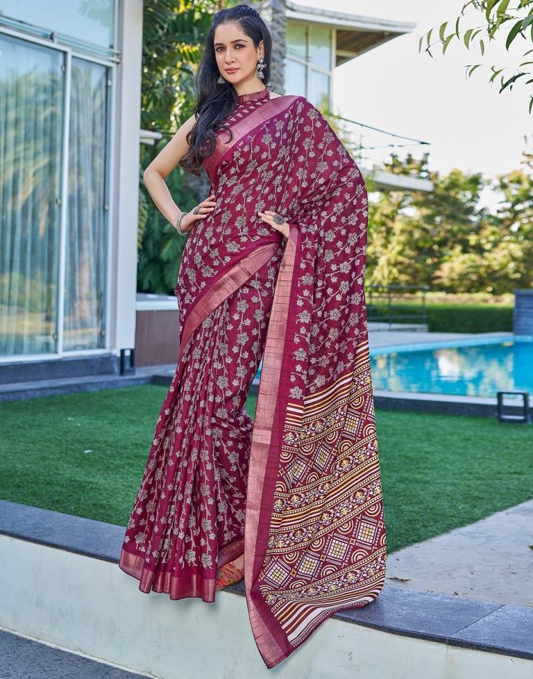 Wine Silk Printed Saree