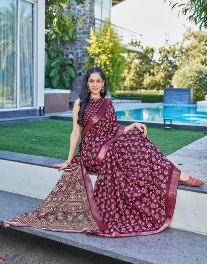 Wine Silk Printed Saree