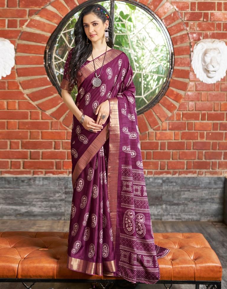 Wine Silk Printed Saree