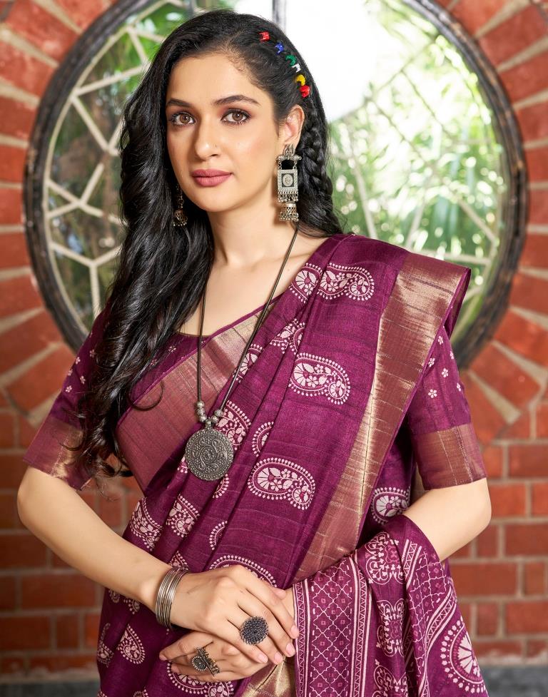 Wine Silk Printed Saree