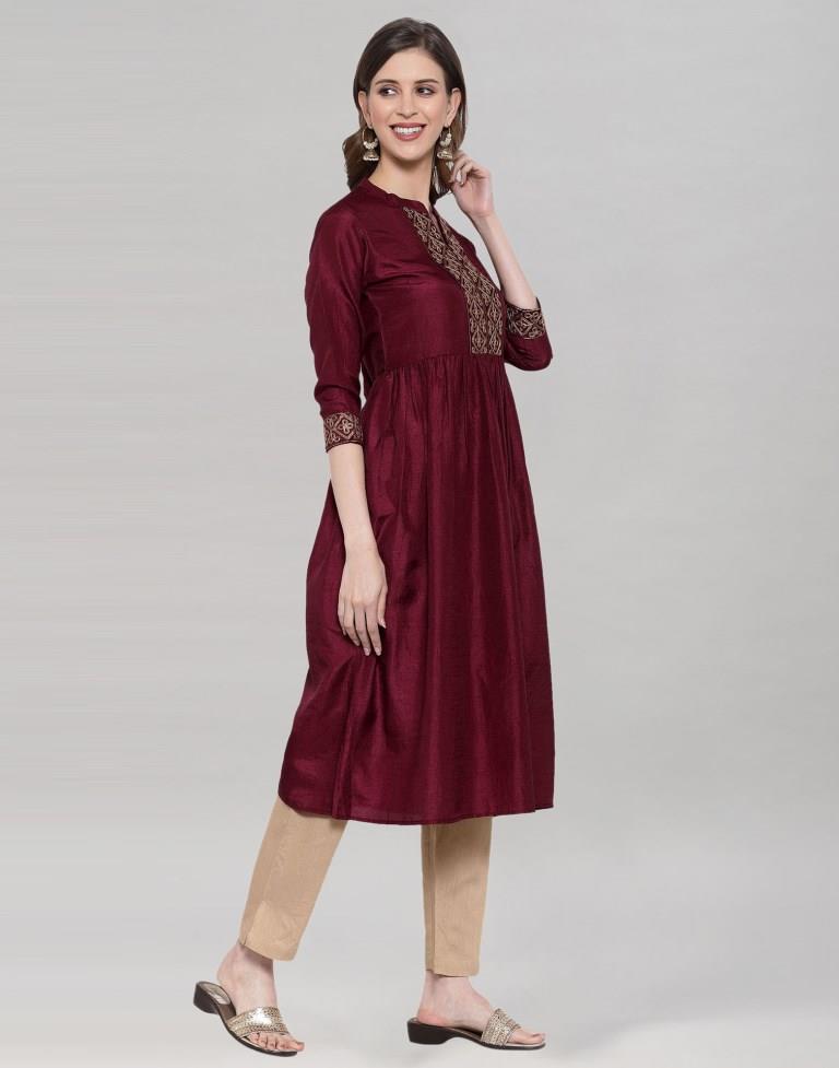 Maroon Coloured Silk Solid Kurti | Leemboodi