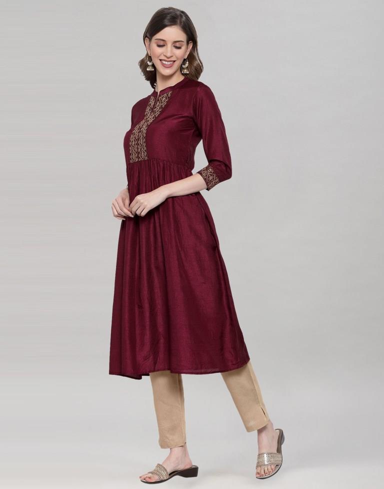 Maroon Coloured Silk Solid Kurti | Leemboodi