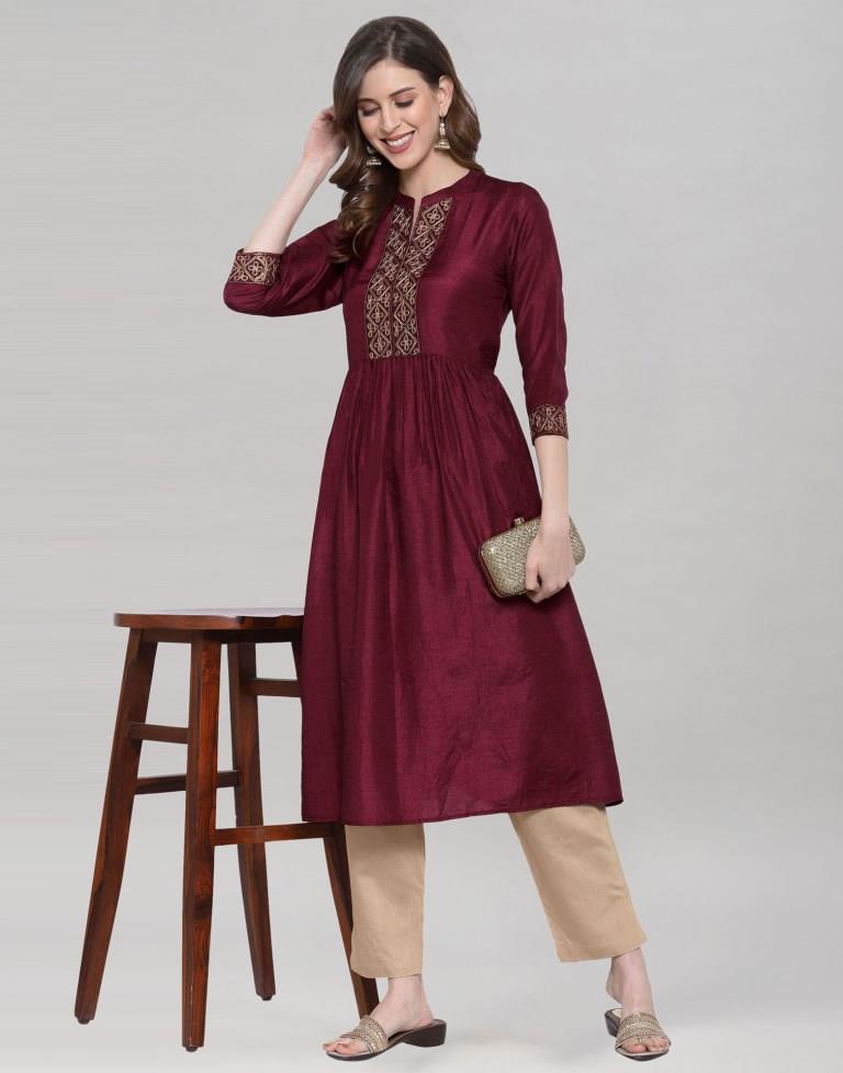 Maroon Coloured Silk Solid Kurti | Leemboodi