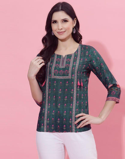 Dark Sea Green Printed Top | Leemboodi