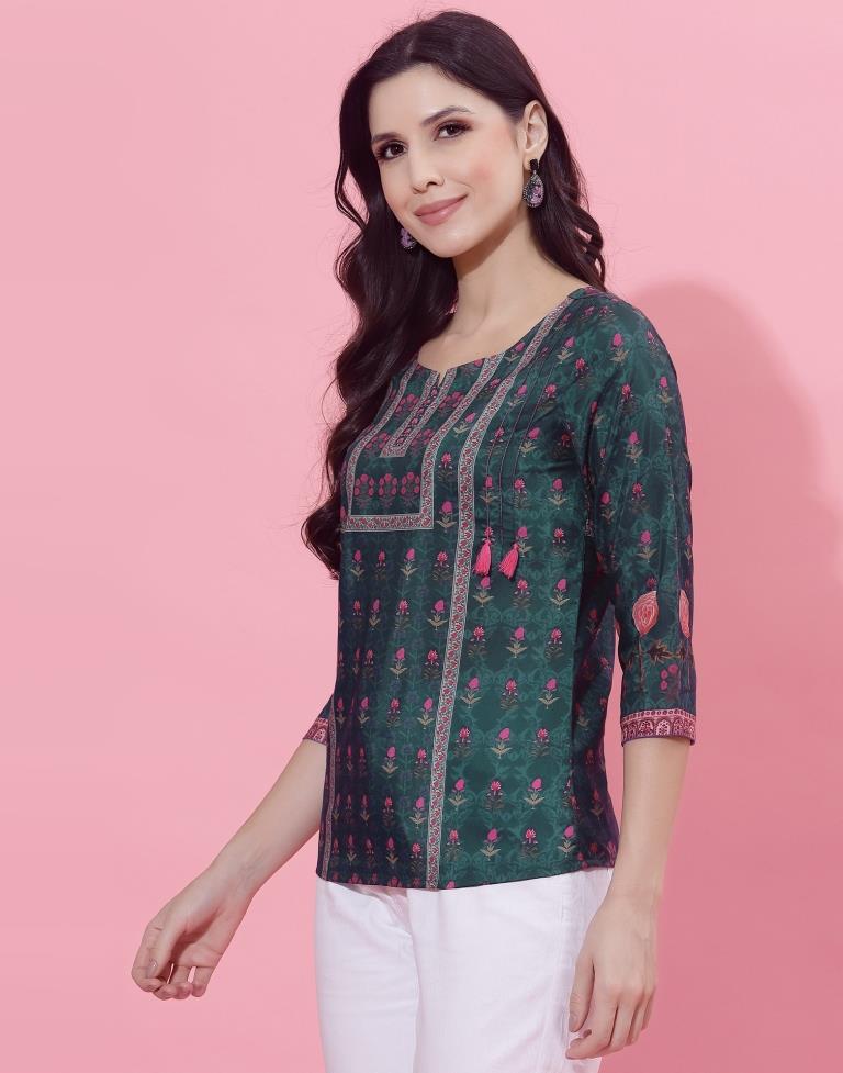 Dark Sea Green Printed Top | Leemboodi