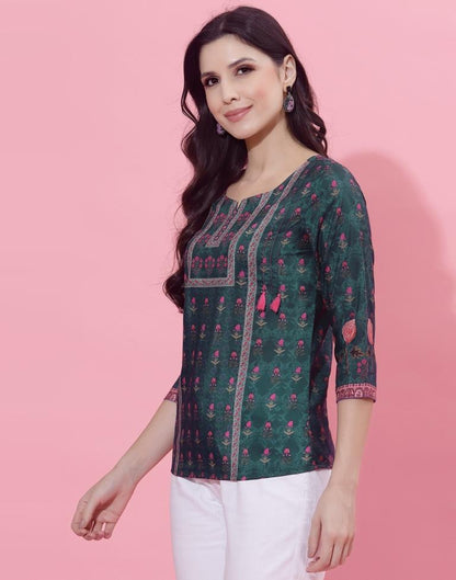Dark Sea Green Printed Top | Leemboodi
